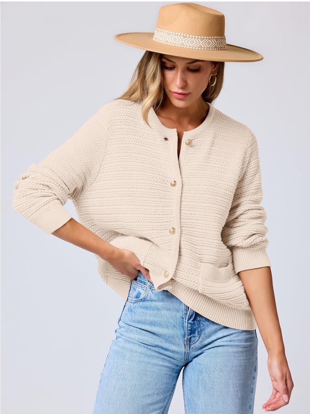 Cream Textured Button-Front Knit Cardigan - Picture 3 of 4